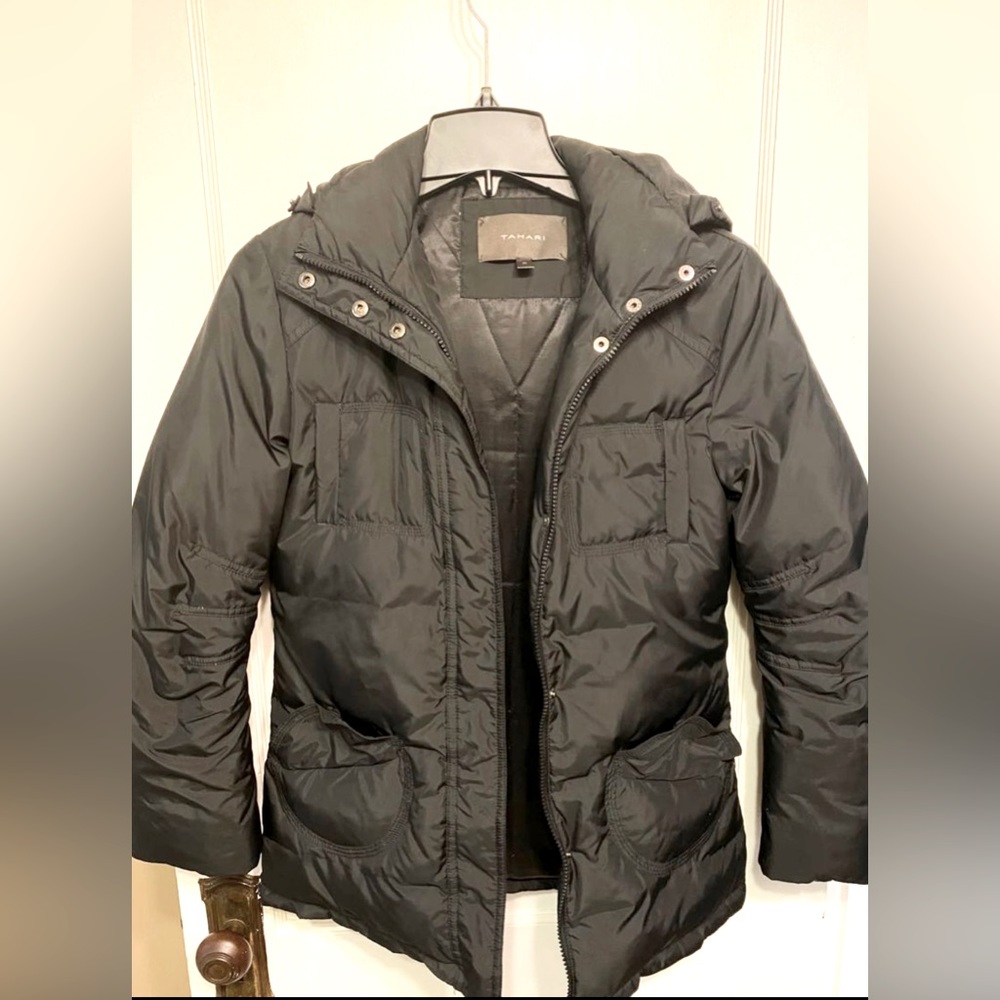 Tahari Waist Length Hooded Thermal Down Puffer Jacket Winter Coat S Small Black
